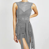 Robe de soirée moulante transparente en maille avec rubans pour femme, mini robe sexy sans manches, couleur unie, tenue basique