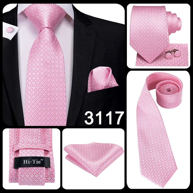 Hi-Tie 100% soie classique pour homme, cravate de mariage corail rose rouge pêche, pochette carrée, boutons de manchette, ensemble de cravates roses pour hommes, cravates cachemire unies