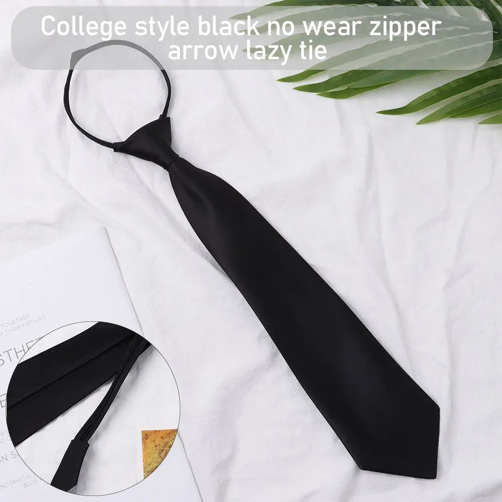 1 cravate rétro noire unie, soyeuse, étroite, fine, lisse, pour femme, fermeture éclair, décontractée, élégante, tendance, unisexe