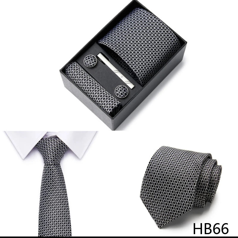 2023 New Style Wedding Gift Tie Pocket Squares Set Necktie Box Men Solid Black Suit Accessories Fit Wedding