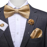 Hi-Tie Luxury Gold Silk Bow Ties for Men Fashion Men's Yellow Bowtie Handkerchief Cufflinks Brooch Set butterfly  Wedding Set