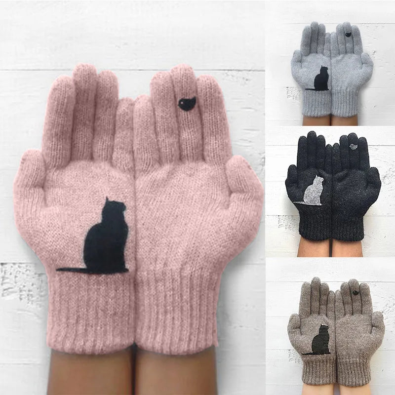 Gants d'hiver pour hommes, femmes et adolescents, mignons, imprimés de chats et d'oiseaux, gants thermiques tricotés, mitaines chaudes et coupe-vent, gants doux