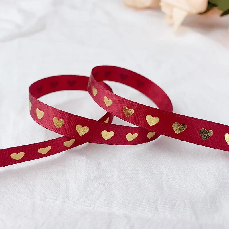 Ruban de satin imprimé cœur, 5 mètres, 10 mm, pour loisirs créatifs, nœuds, emballage cadeau, fête, mariage, décoration de Noël