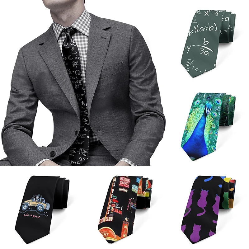 Cravate pour homme, motif animal drôle, motif paon, motif mathématique, en polyester, style décontracté, idéal pour les affaires ou les soirées.