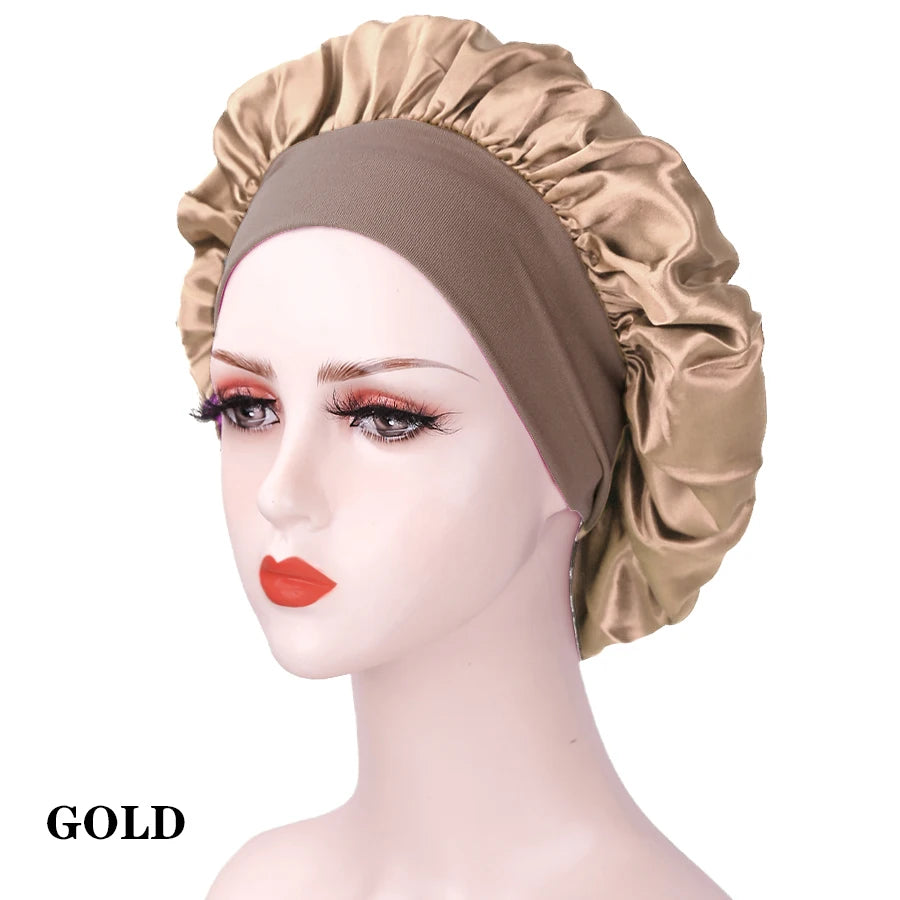 Bonnet de nuit en soie pour femme, noir, rose, violet, avec boucles naturelles bouclées, élastique large et souple, réglable