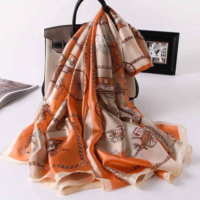 180X90CM Satin-Schals Herbst-Farbendruck-Bandana im koreanischen Stil Staubdichte Seidenschals Beliebtes Sonnenschutz-Strandtuch-Foulard