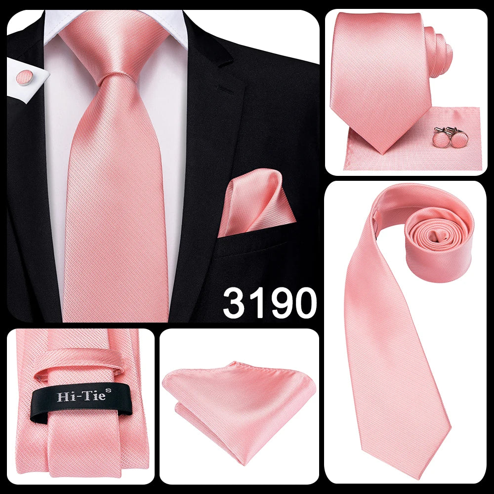 Hi-Tie 100% soie classique pour homme, cravate de mariage corail rose rouge pêche, pochette carrée, boutons de manchette, ensemble de cravates roses pour hommes, cravates cachemire unies