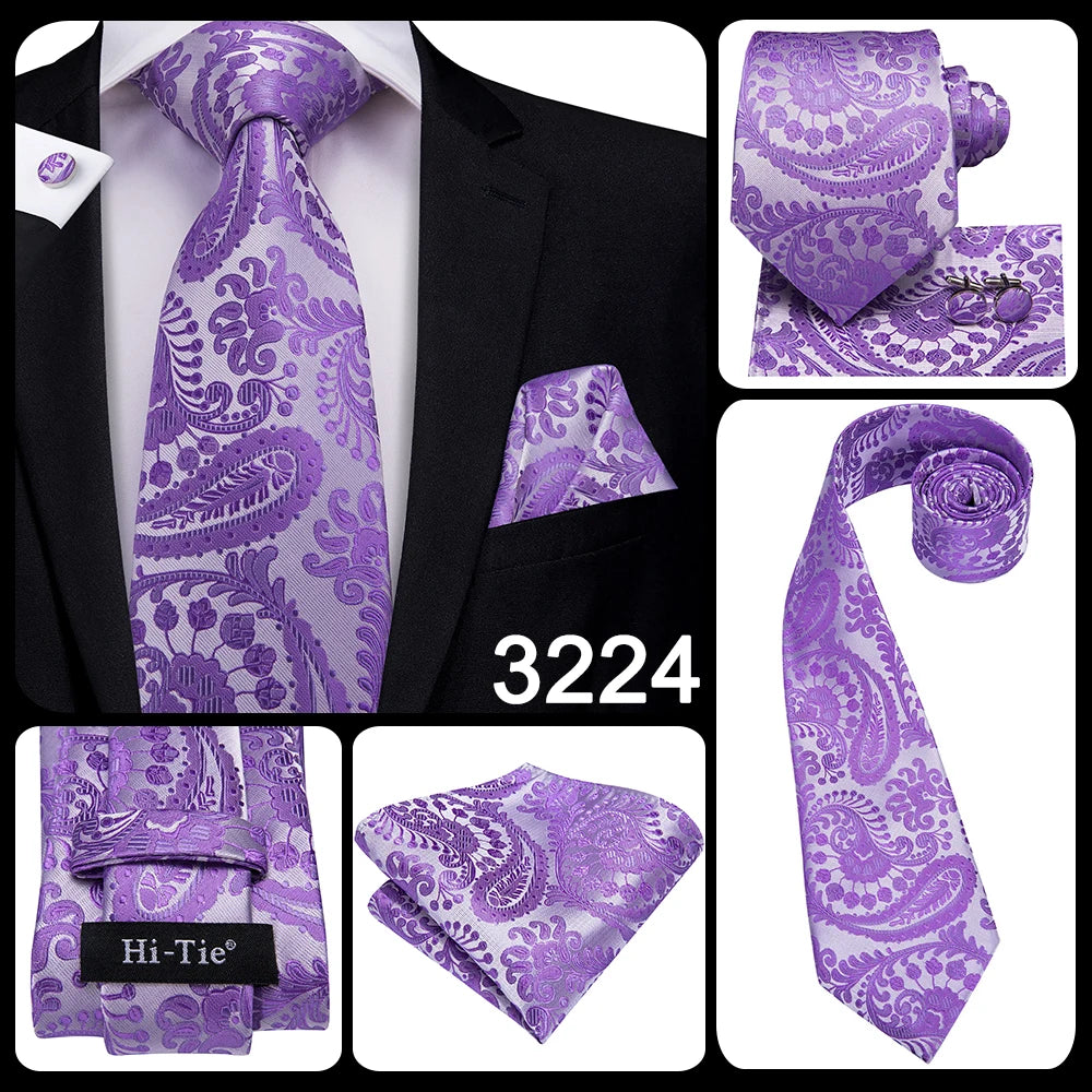 Hi-Tie – Cravate de mariage en soie violette unie à motif cachemire pour homme, ensemble de qualité avec boutons de manchette et mouchoir, cadeau tendance, livraison directe