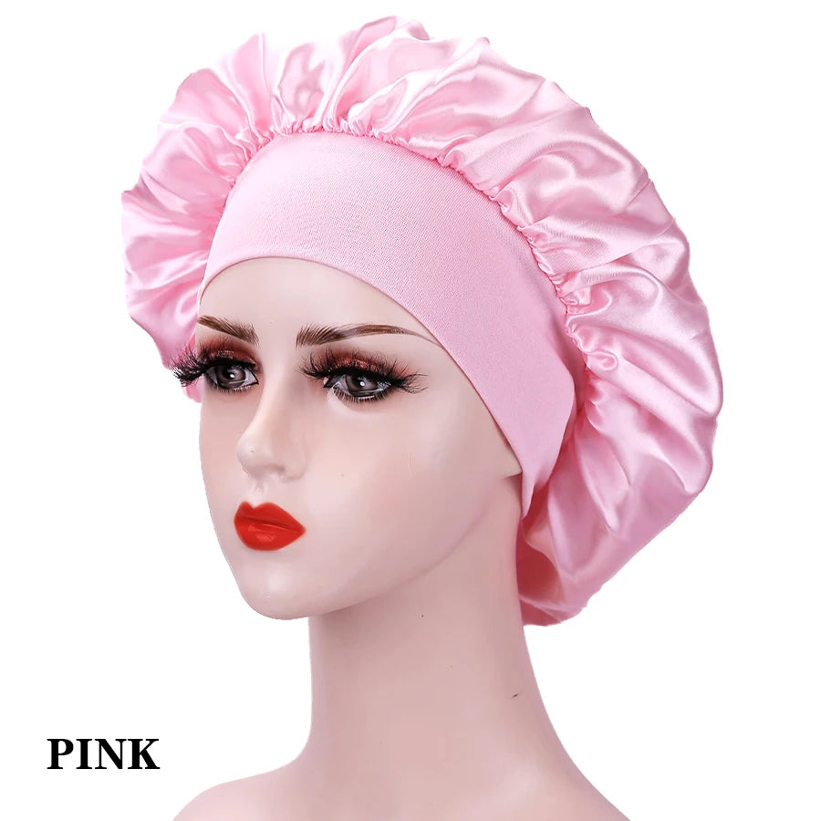 Bonnet de nuit en soie pour femme, noir, rose, violet, avec boucles naturelles bouclées, élastique large et souple, réglable