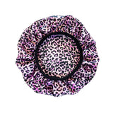 Leopard Print Satin Bonnet Cap Wide Rubber Band Nightcap Hair Care Hat