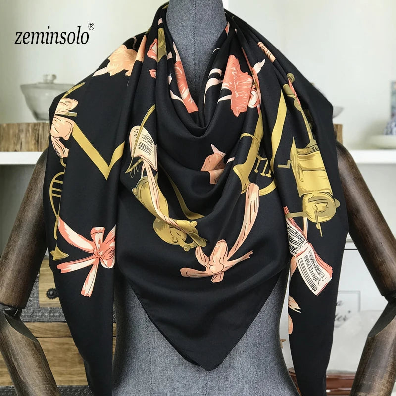 100% Silk Scarf Women Large Shawls Floral Print Stoles Square Bandana Luxury Brand Kerchief Scarves Female Foulard 130*130cm