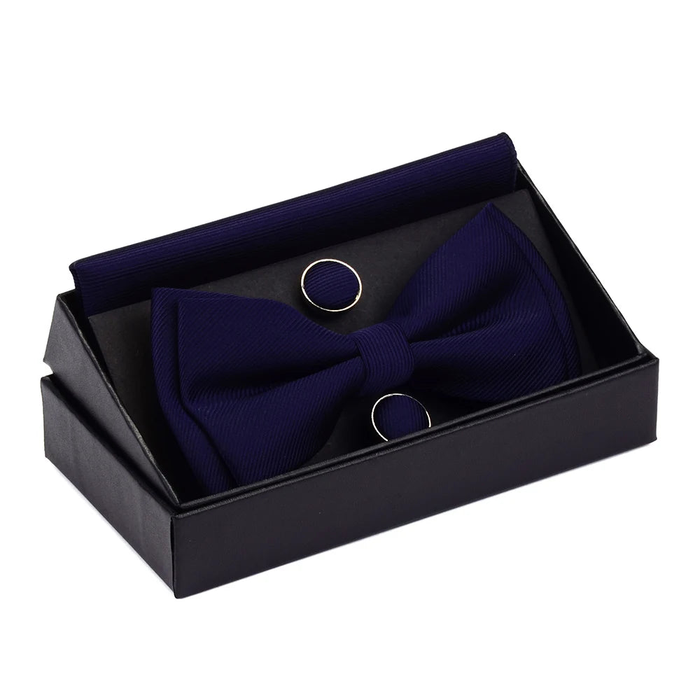 Ensemble de nœuds papillon solides de différentes tailles, haut et bas, nœud papillon uni pour homme, mouchoir, boutons de manchette, coffret cadeau pour hommes, cravates de mode de mariage