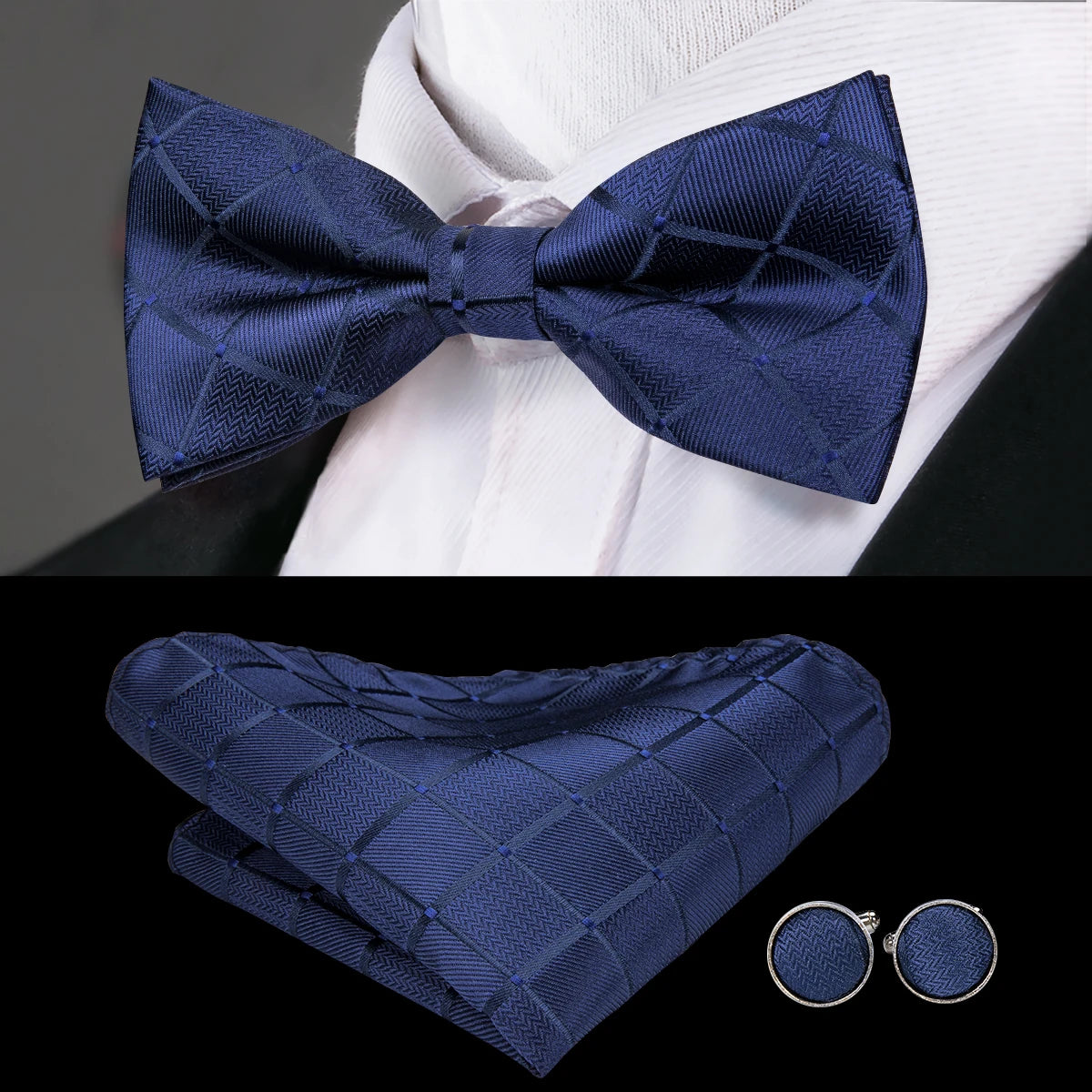 Hi-Tie Nœuds papillon verts de Noël pour hommes Cravate papillon en soie Ensemble de boutons de manchette et mouchoirs pour fête de mariage Nœud papillon uni à carreaux cachemire