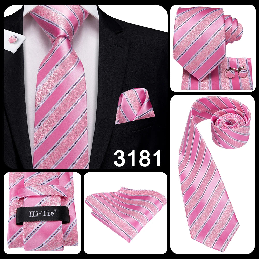 Hi-Tie 100% soie classique pour homme, cravate de mariage corail rose rouge pêche, pochette carrée, boutons de manchette, ensemble de cravates roses pour hommes, cravates cachemire unies