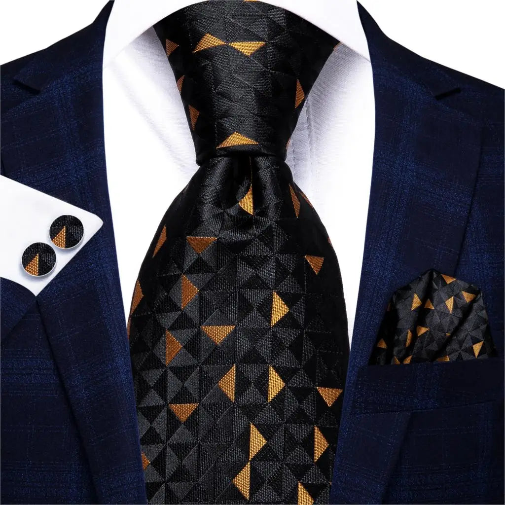 Cravate élégante pour homme, motif cachemire, rayures noires et dorées, en soie, pour mariage, mouchoir, boutons de manchette, pour entreprise, fête, livraison directe
