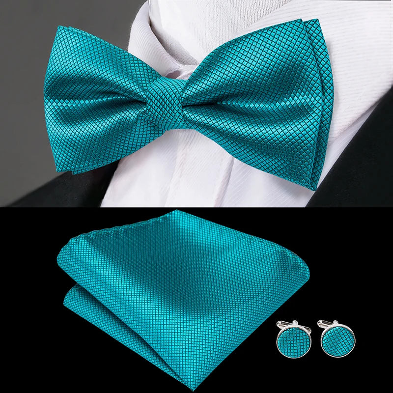 Hi-Tie Nœuds papillon verts de Noël pour hommes Cravate papillon en soie Ensemble de boutons de manchette et mouchoirs pour fête de mariage Nœud papillon uni à carreaux cachemire