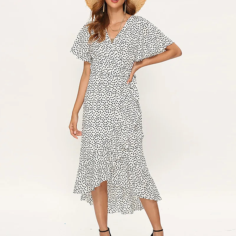 Robe longue d'été pour femme, imprimé floral, style bohème, en mousseline de soie, à volants, décontractée, col en V, fendue, sexy, tenue de soirée