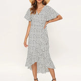 Robe longue d'été pour femme, imprimé floral, style bohème, en mousseline de soie, à volants, décontractée, col en V, fendue, sexy, tenue de soirée