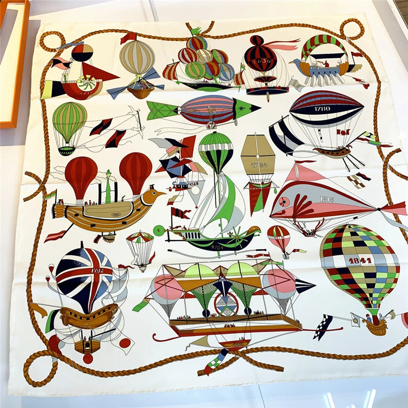 Foulard en soie sergé à motif ballon de dessin animé, fait à la main, bouclé, marque de luxe, carré, hijab, bandana pour femme, foulard de tête, châle