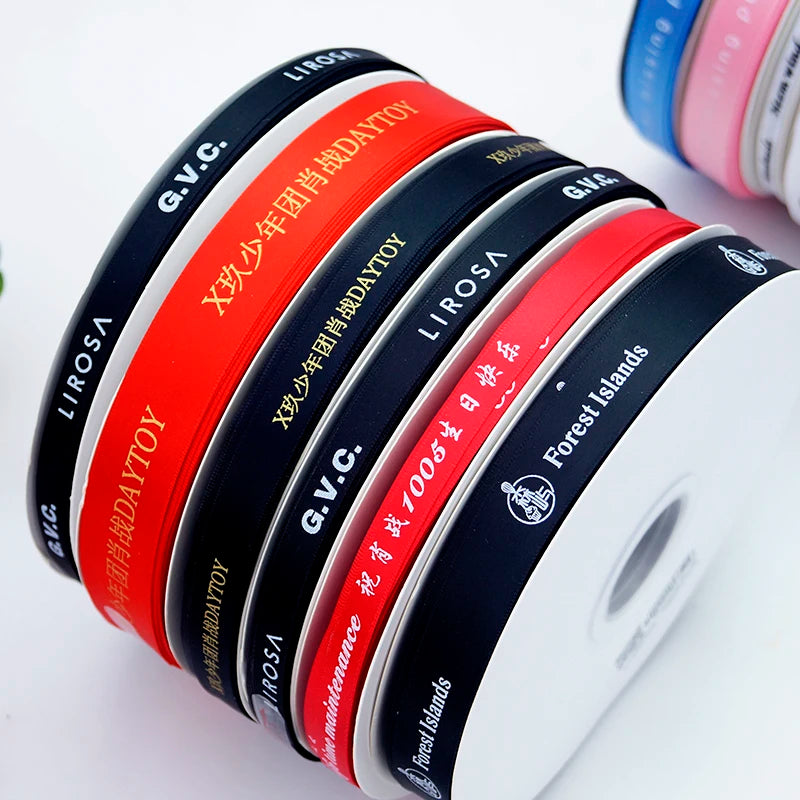 HAOSIHUI 6mm-100mm Ruban plat imprimé personnalisé Logo personnalisé Ruban en polyester Rubans de satin d'anniversaire de mariage 100 yards / lot