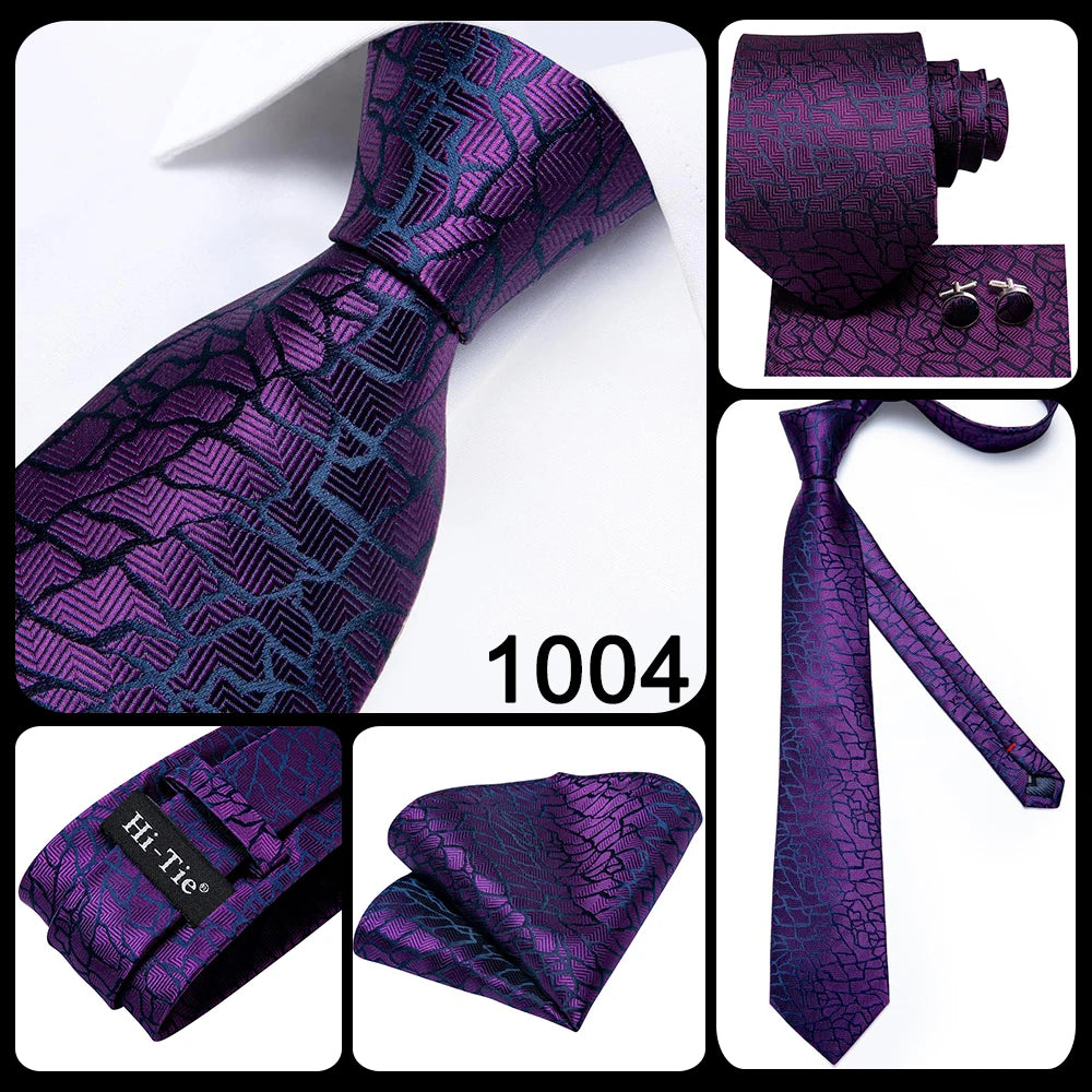 Hi-Tie – Cravate de mariage en soie violette unie à motif cachemire pour homme, ensemble de qualité avec boutons de manchette et mouchoir, cadeau tendance, livraison directe