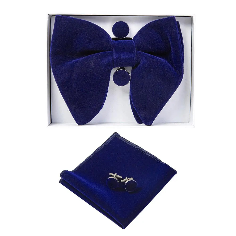 GUSLESON Velvet Big Bow Tie Men's Bowties Pocket Square Cufflinks Set with Gift Box Solid Red Yellow Necktie For Man Wedding