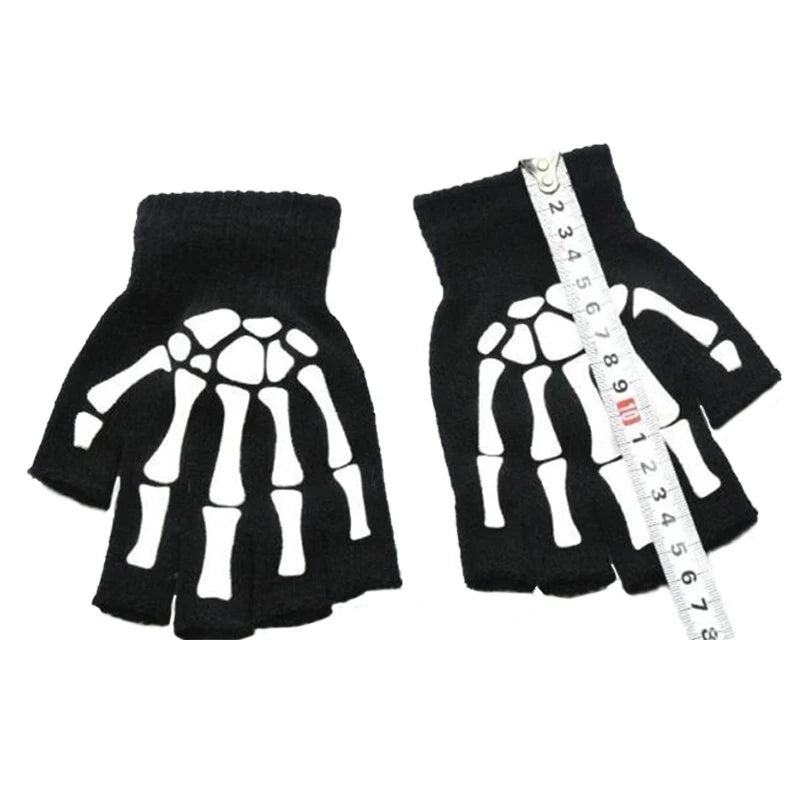 Gants unisexes demi-doigts motif tête de mort pour Halloween, pour l'hiver, mitaines lumineuses, tricotées, pour le cyclisme et le patinage à pied