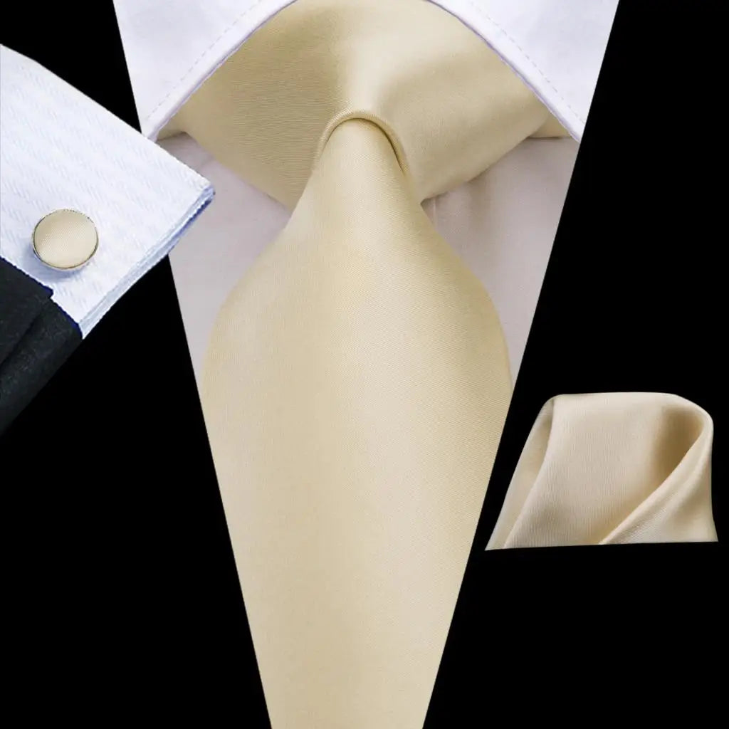 Hi-Tie Cravate de mariage en soie à motif floral, couleur champagne ivoire massif, pour homme, de qualité, avec boutons de manchette, tendance, pour entreprise, livraison directe