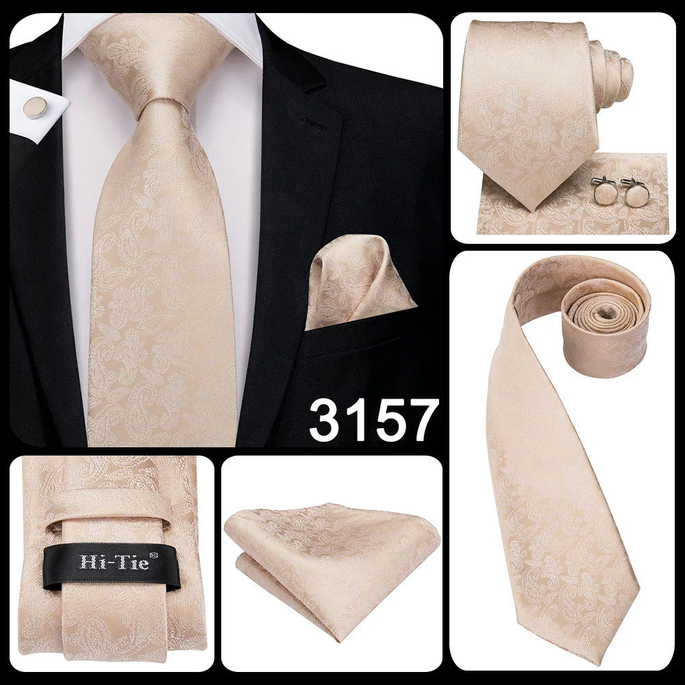 Hi-Tie Cravate de mariage en soie à motif floral, couleur champagne ivoire massif, pour homme, de qualité, avec boutons de manchette, tendance, pour entreprise, livraison directe