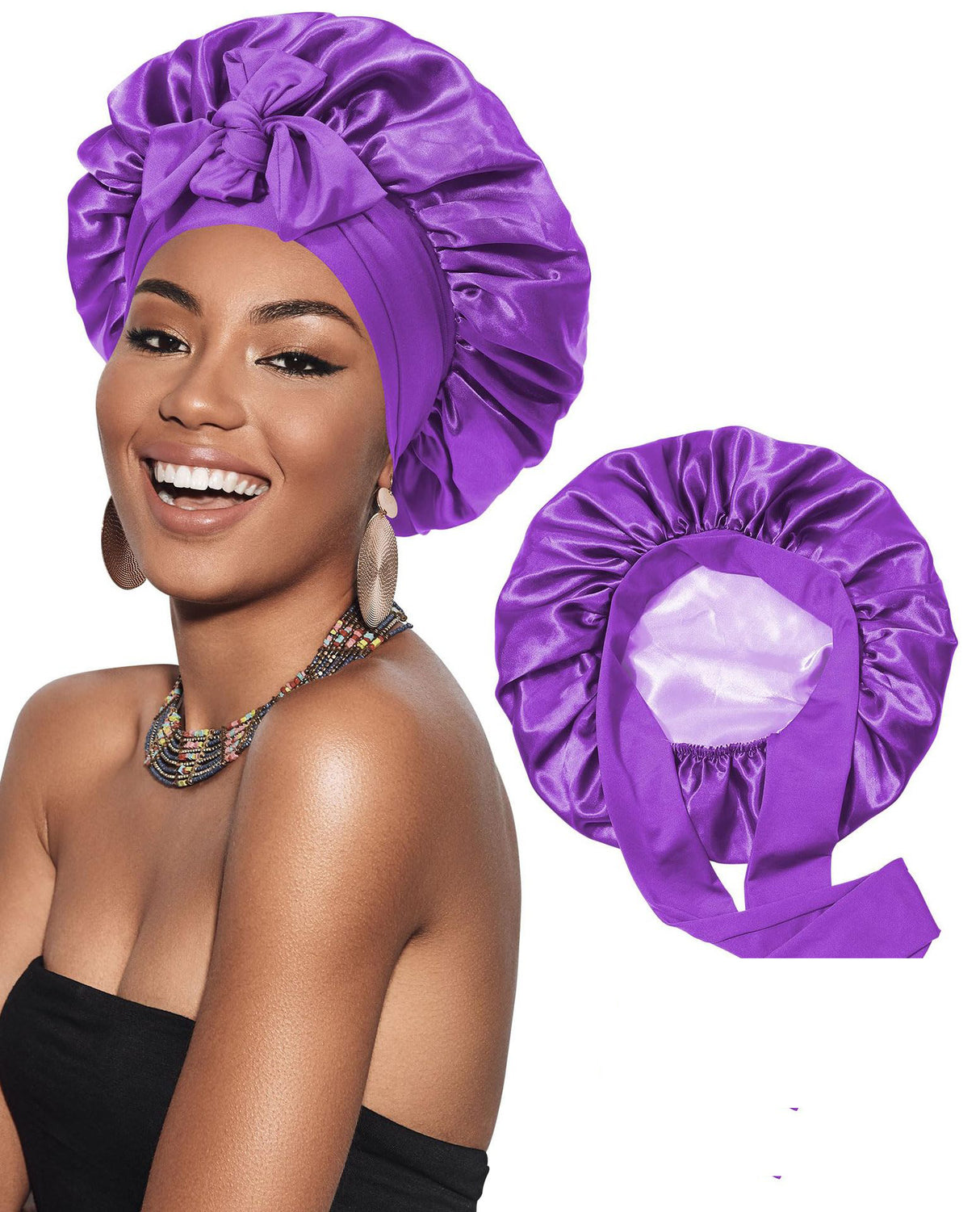 Bonnet de nuit en satin double épaisseur pour femme, bonnet de nuit rond, couvre-chef réversible