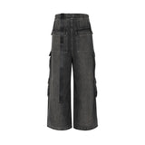 RO Style Ribbons Wide Leg Multi-Pockets Smoke Grey Baggy Jeans for Men Straight Pantalones Hombre Drawstring Denim Trousers