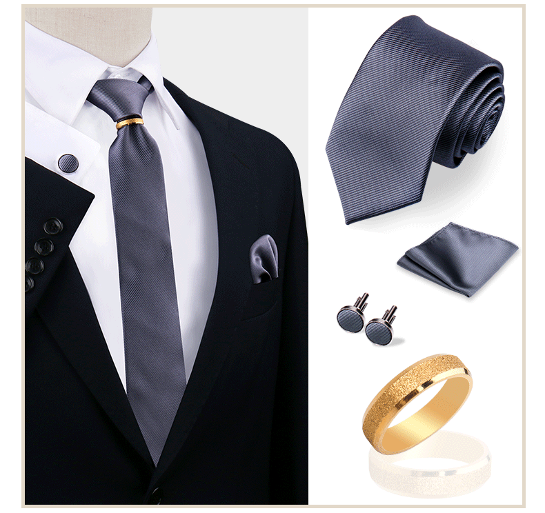 Ensemble de cravates en soie de luxe pour hommes, cravate, mouchoir, boutons de manchette avec anneau en métal doré, broche, costume, fête de mariage, accessoires pour hommes