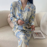 2023 Autumn New Ice Silk Women Pajama Lapel Button Cardigan Outfits for Women 2 Piece Set Fashion Printing Set Clothes for Women