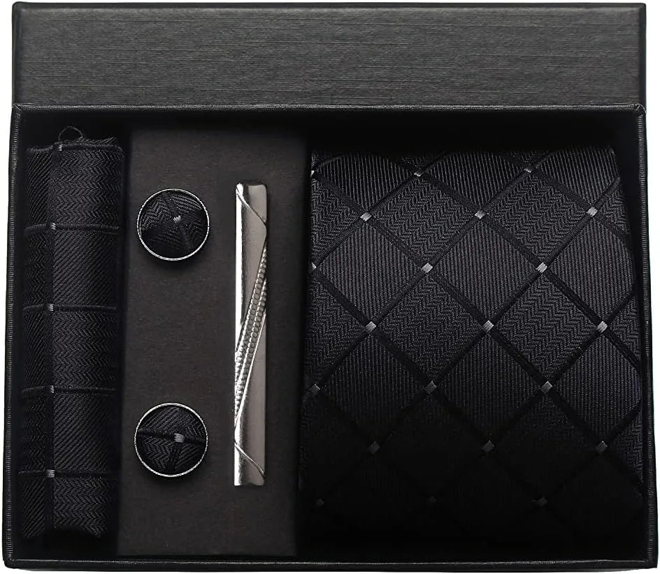 Classic 100% Silk Men's Ties In Gift box 8cm Plaid Dot Striped Business Necktie Handkerchief Cufflinks Wedding Party Tie Set