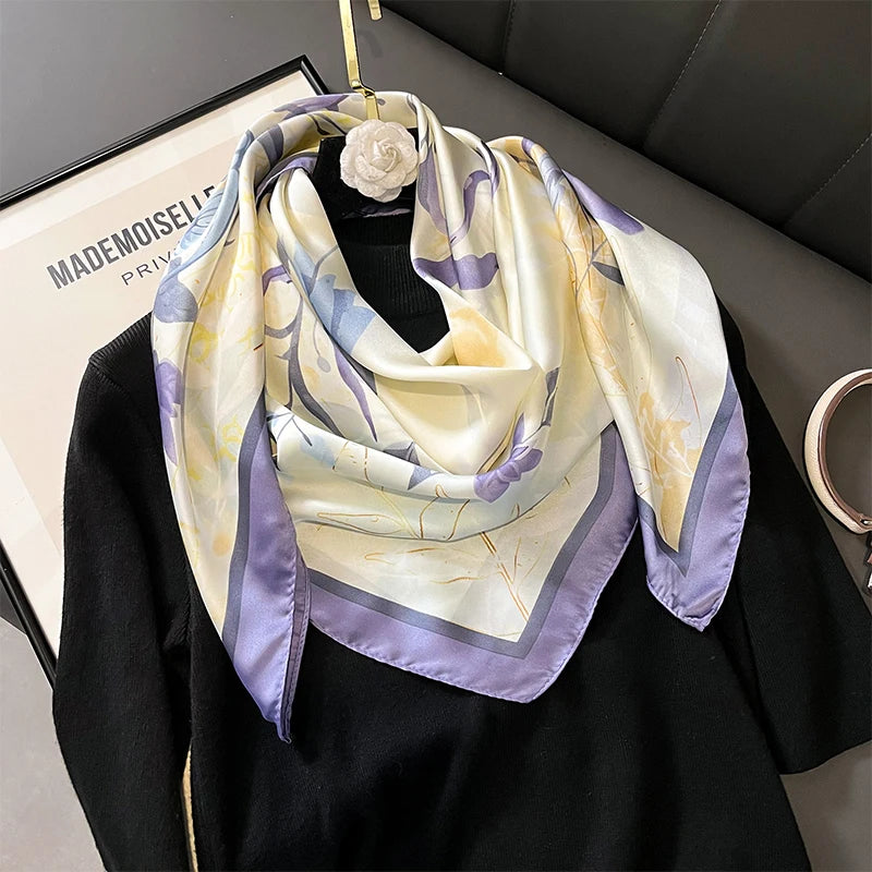 Foulard carré en satin de soie imprimé pour femme, hijab, bandana, 90 cm