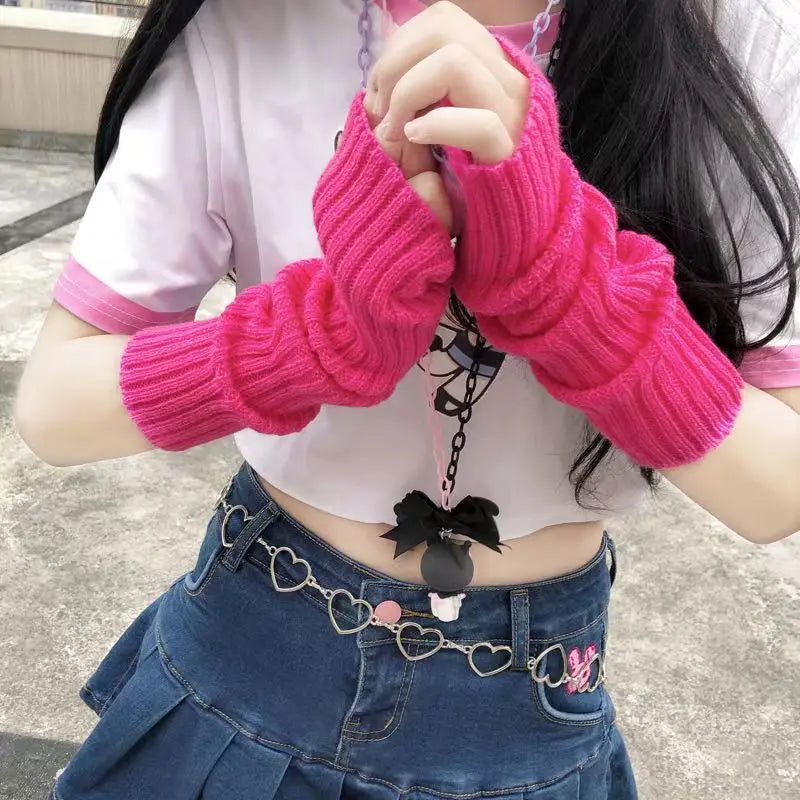 JK Lolita Cosplay Girls Fingerless Gloves Arm Warmers Goth Women Knitted Y2k Kawaii White Hand Work Gloves Ankle Wrist Sleeves