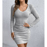 Mia Muse Women's Dresses Fall Winter Ribbed Knitted Slim Plain Sexy V-Neck Bodysuit Mini Casual Long Sleeve Short  Dresses