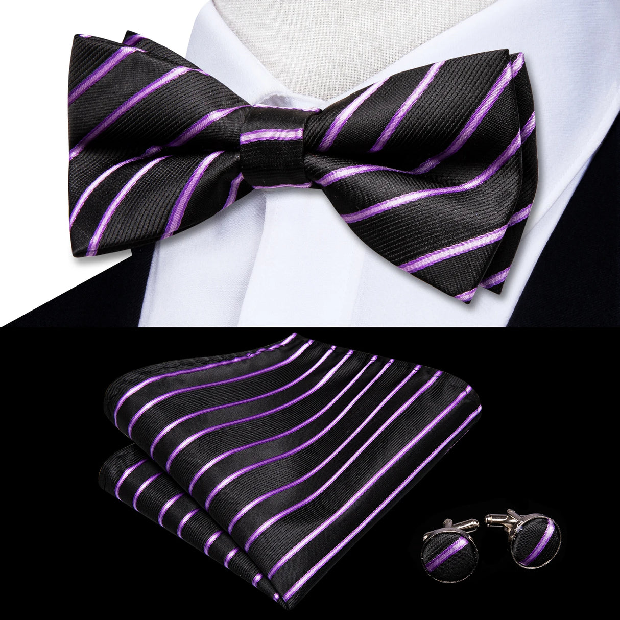 Hi-Tie Jacquard Silk Nœud papillon pour homme, ensemble de boutons de manchette et mouchoir, nœud papillon pré-noué, noir, blanc, gris, bleu, rouge, vert, rose, violet