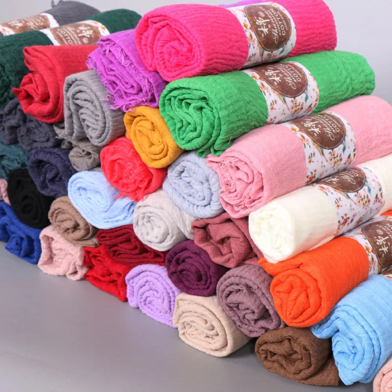 Offre spéciale foulards hijab en coton froissé pour femmes couleur unie doux extensible turban luxe haute qualité longues écharpes 180*90 cm