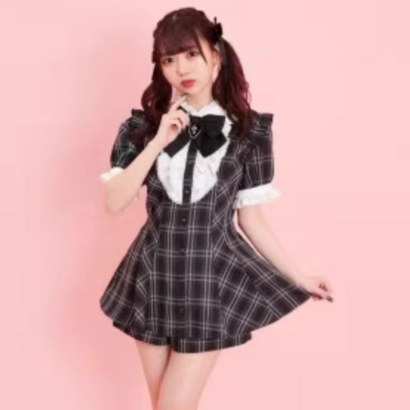 Robe style gothique japonais Y2K Lolita à carreaux avec nœud en strass et short, ensemble doux pour femmes, chemise à manches courtes bouffantes et boutons, robes de soirée