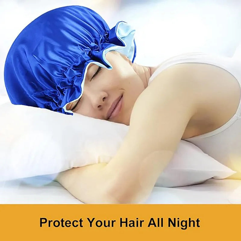 New Solid Elastic Double Layer Satin Bonnet Nightcap Women Night Sleep Hair Protection Hat Reversible Sleeping Hat Hair Care New