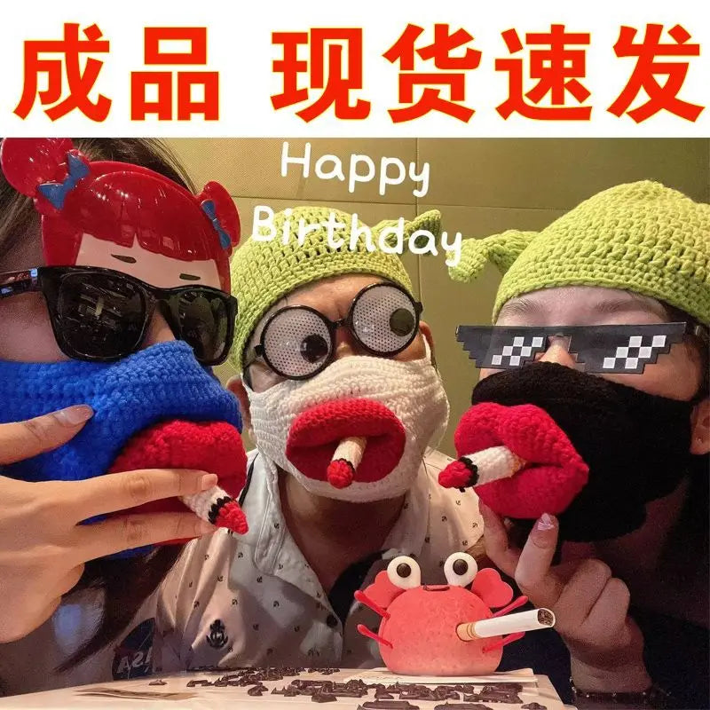 Teasing, funny, big mouth, red lips, funny, smoking, knitting, warm knitting, hand woven sausage mouth mask