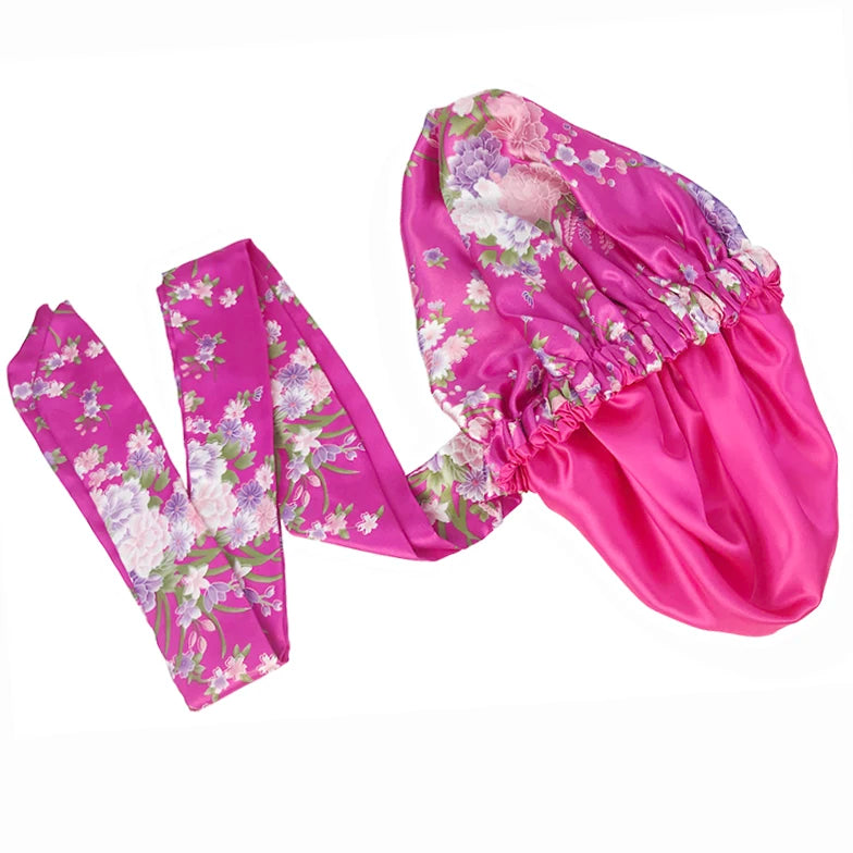 Bonnet en satin doux et soyeux pour femme, grand bonnet de nuit avec long ruban de satin, bandeau large et réglable