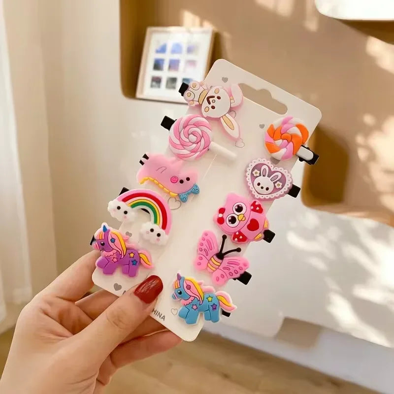 Lot de 10 pinces à cheveux pour enfants, en gel souple, pour filles, mignonnes, avec clips latéraux, motifs dessins animés