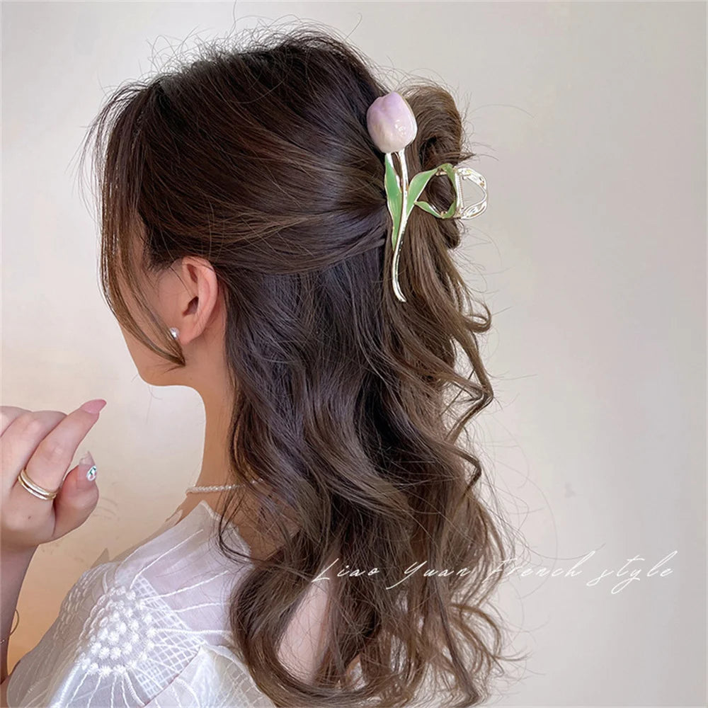 New Tulip Hair Claw Flower grace Shark Clip Headdress Vintage Ponytail Claw Clip Trendy sweet HAIR CLIP FOR GIRL Hair Jewelry