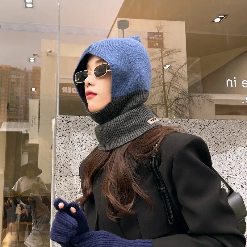 Winter Wool Hat Women Clash Colours Ear Protection Knitted Wool Warm Pullover Cap Scarf all-in-one Balaclava Hats Free Shipping
