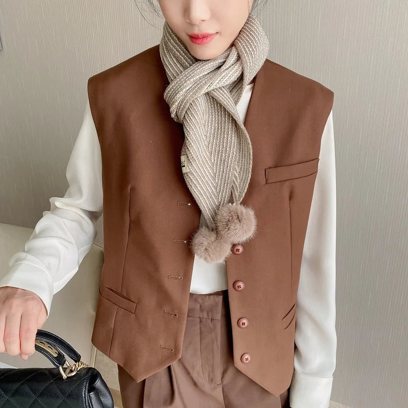 Foulard tricoté à rayures et coins pointus pour femme, couleur unie, chaud, long, avec pompon, pour l'hiver