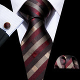 Cravate de luxe pour homme, ensemble de boutons de manchette et mouchoir en soie à rayures rouges, style business, Barry.Wang, accessoire tendance pour mariage, fête, décontracté