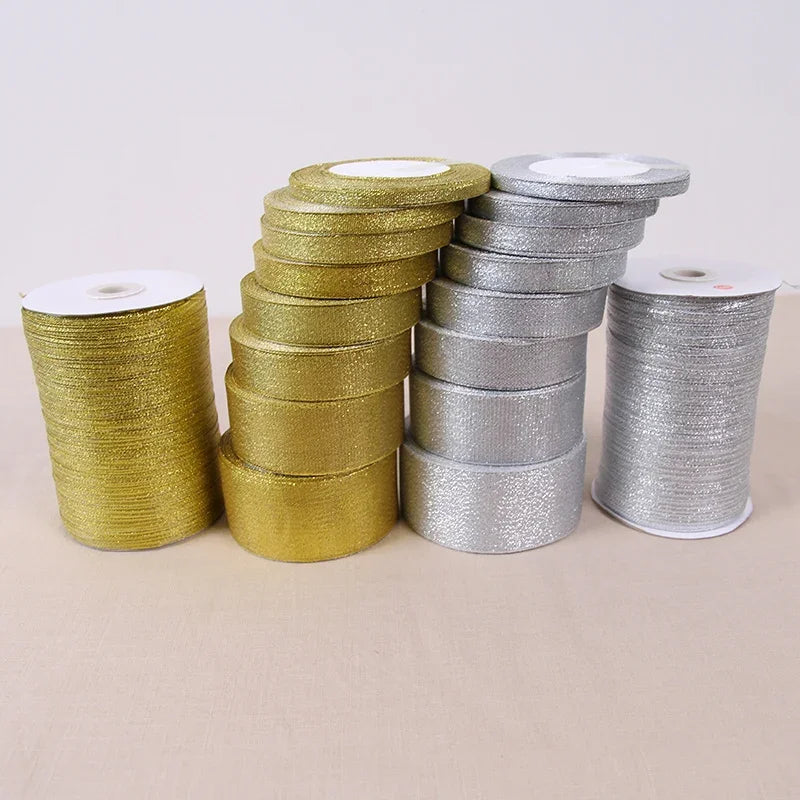 Rubans pailletés dorés et argentés de 6 mm, 10 mm, 15 mm, 20 mm, 25 mm, 40 mm, 50 mm, 25 mètres, pour emballage cadeau de mariage, Noël, Halloween, fête, bricolage
