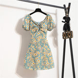 Women Mini Dresses Summer Fashion Female Vestidos Print Floral Chiffon Dresses Shirring Pleated Short Puffy Sleeve Casual Dress